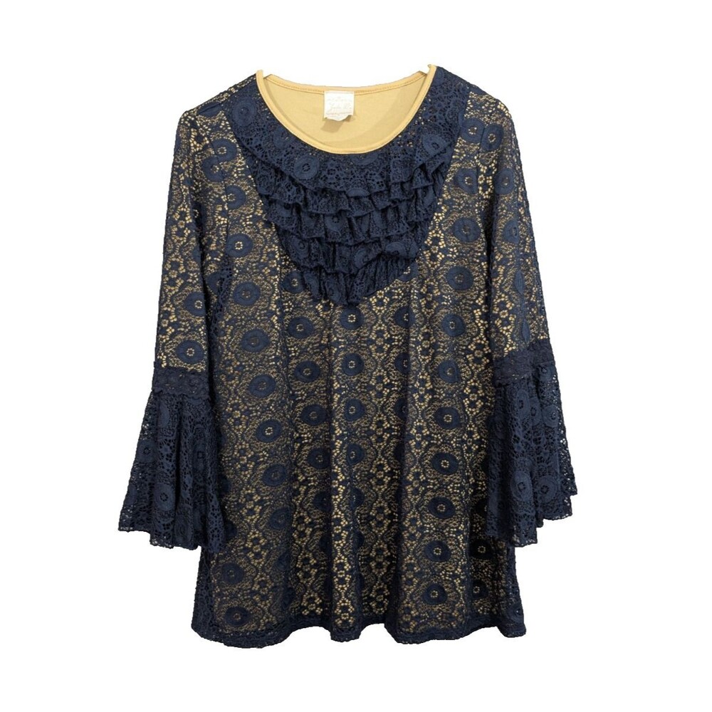 Womens LARGE Blue Lace Bell Sleeve Tunic Gold Lined LS Renn Festival Gothic Boho